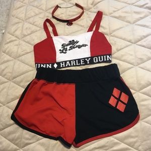 Harley Quinn DC shorts, choker necklace, bralette